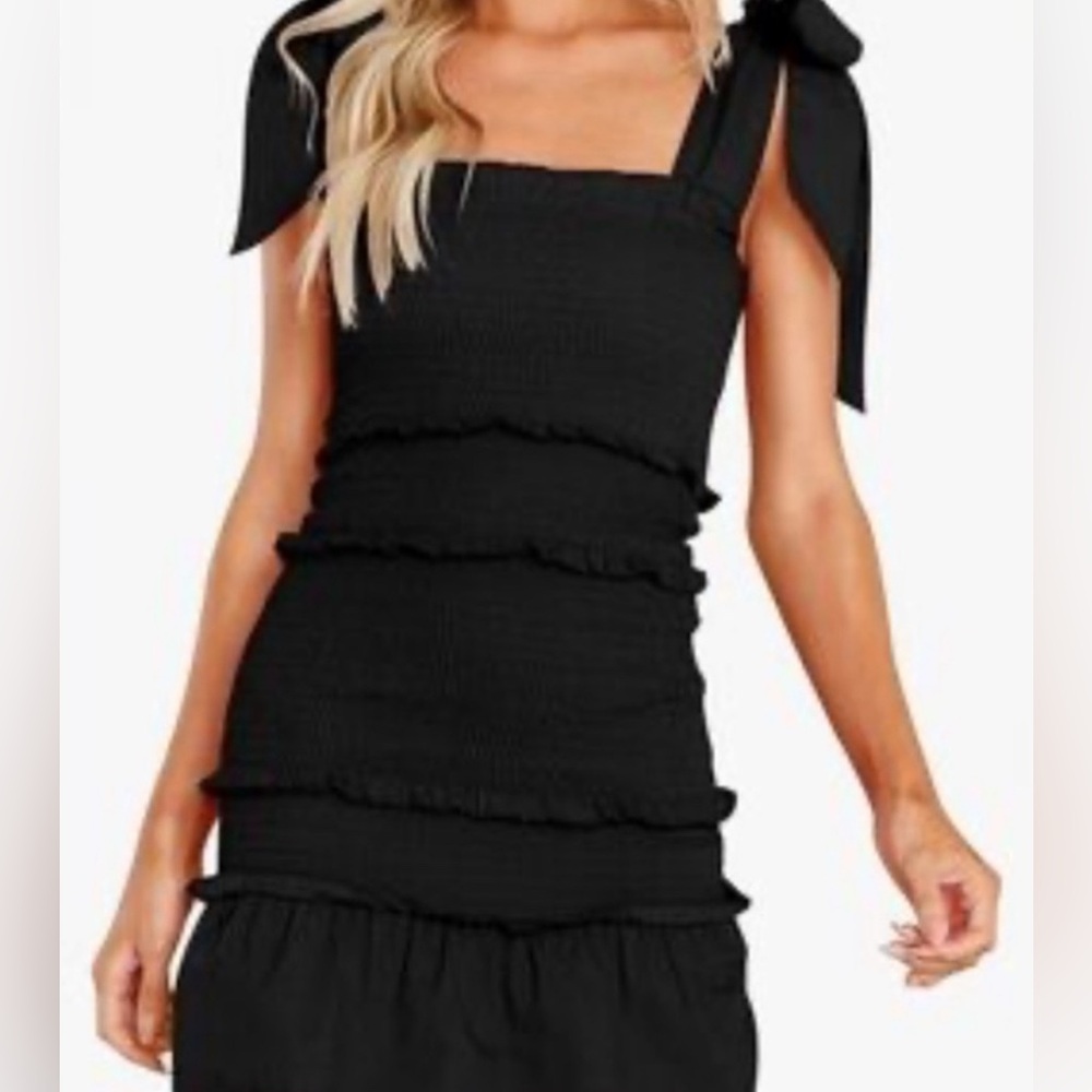 Black smocked tube dress with bow straps